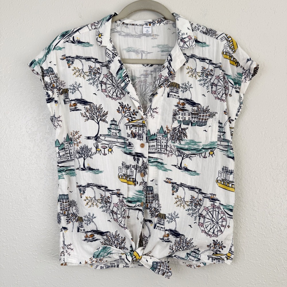 Old Navy Paris Novelty Print Tie Front Button Down Shirt White Cotton XS